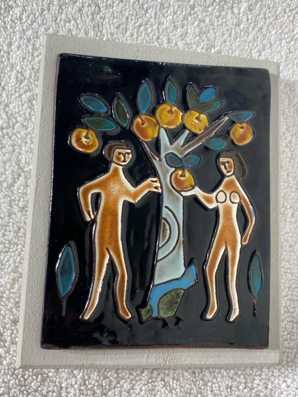 Vintage MCM Brutalist Garden of Eden Adam & Eve Tree Of Knowledge Ceramic Tile - Picture 7 of 13